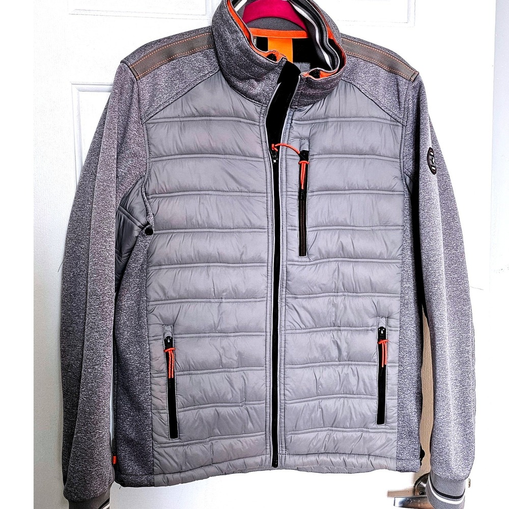 Point Zero Men's Puffer Hybrid Spring Jacket‎ Gray Orange Trim Zip Front Size M